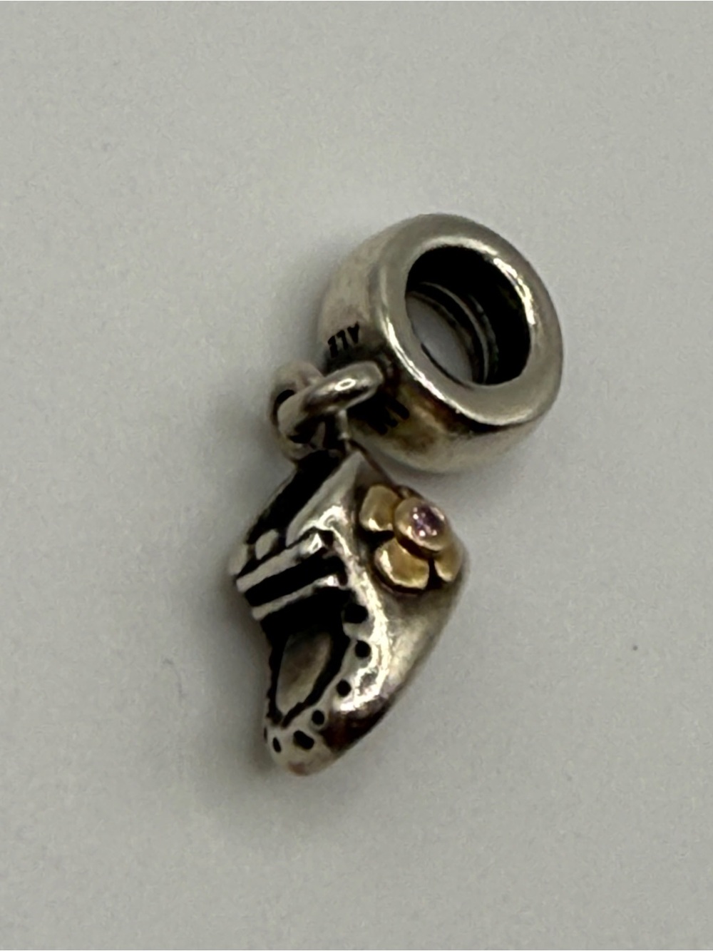 Authentic PANDORA 925 Sterling Silver Pink Stone Baby Shoe Dangle Charm Bead
